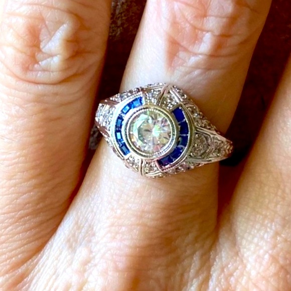 New Sterling Silver & Sapphire Art Deco Ring - Picture 5 of 8